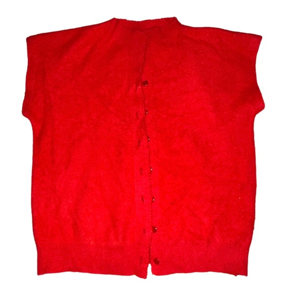 60s Mod Angora Red Fuzzy Button Down Sweater Top - Picture 1 of 4